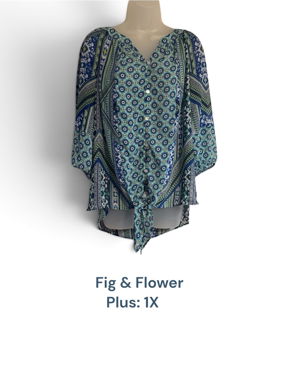 fig and flower Blue Multi Printed Button front Tie-Front Top - LARGE   #E